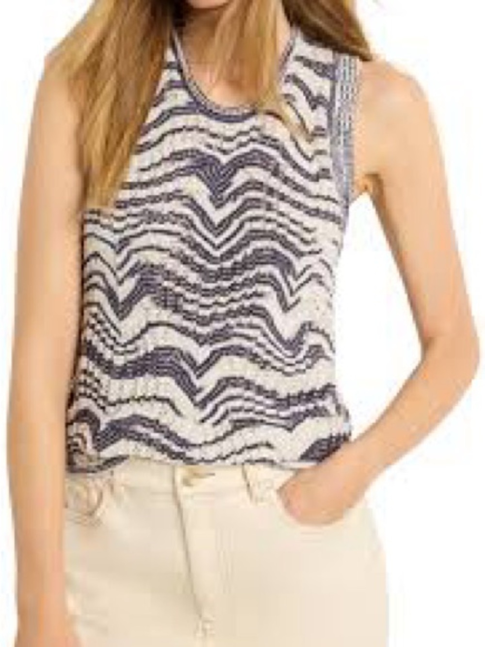 NIC+ZOE Navy and White Wave-Print Tank